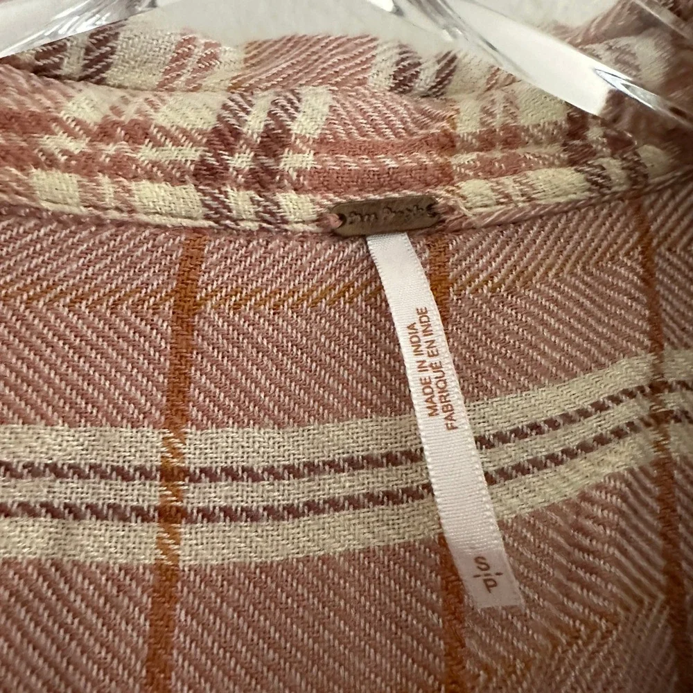 Free People Plaid Button Up Shirt Womens Small Pink Cream Orange Long Sleeve